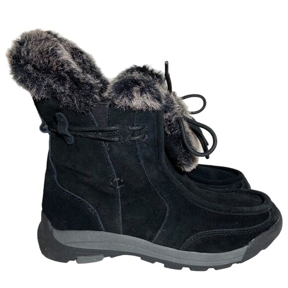 Lands End Women's Black Suede Winter Boots Size 7 B Faux Fur Trim Cold Weather - Picture 6 of 12